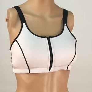 White and black front zip sports bra